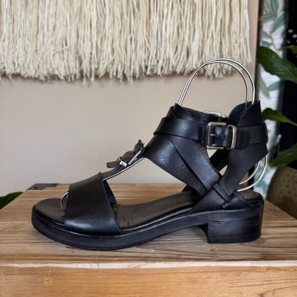 Surface to Air Black Leather Double Ankle Wrap Silver Buckle Block Heel Sandal - Picture 7 of 15